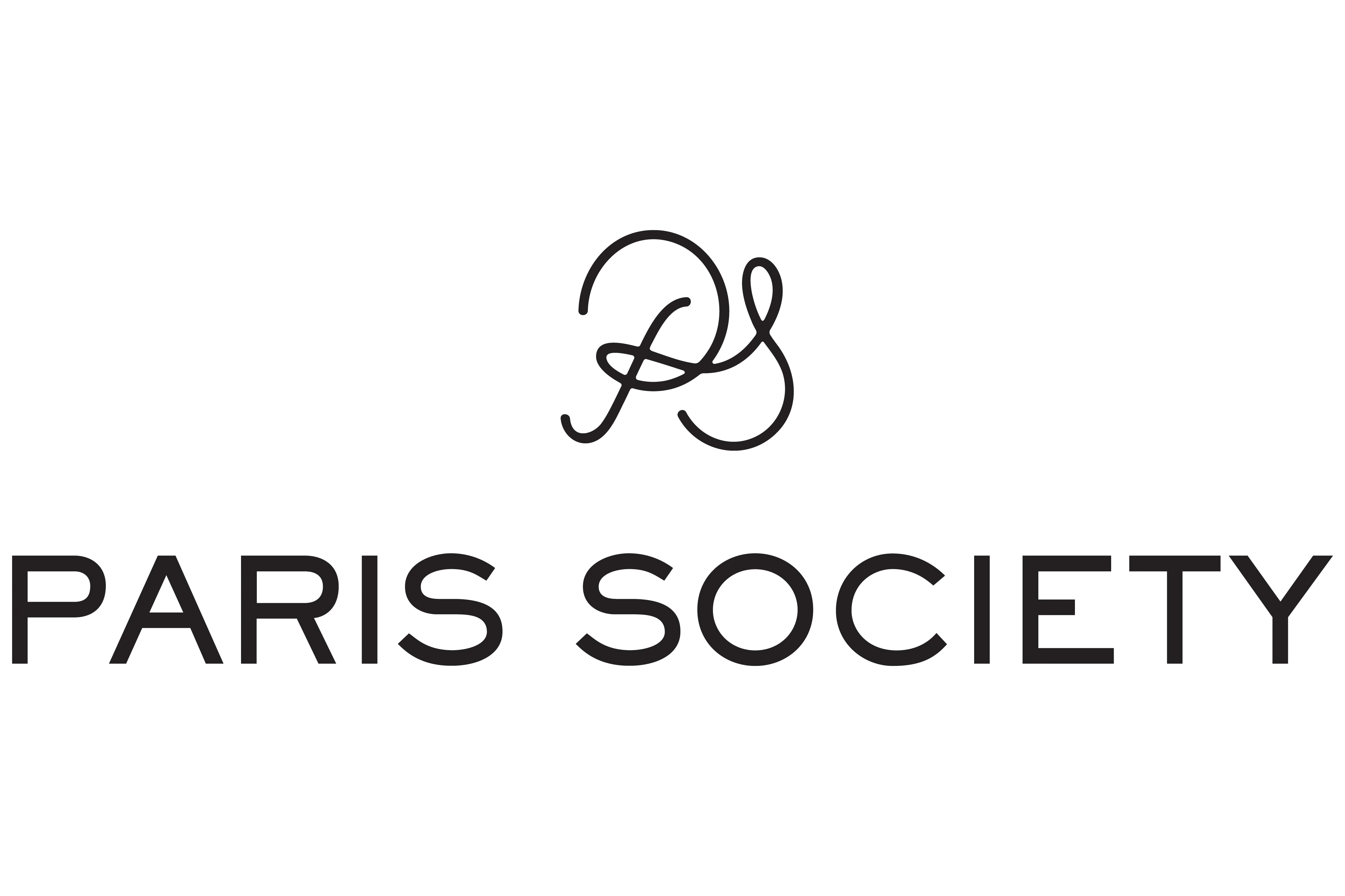 The text "Paris Society" in black capital letters on a white background, topped by a stylized "PS" monogram featuring elegant, intertwined cursive lines, evoking the refined aesthetic of a luxury real estate agency.
