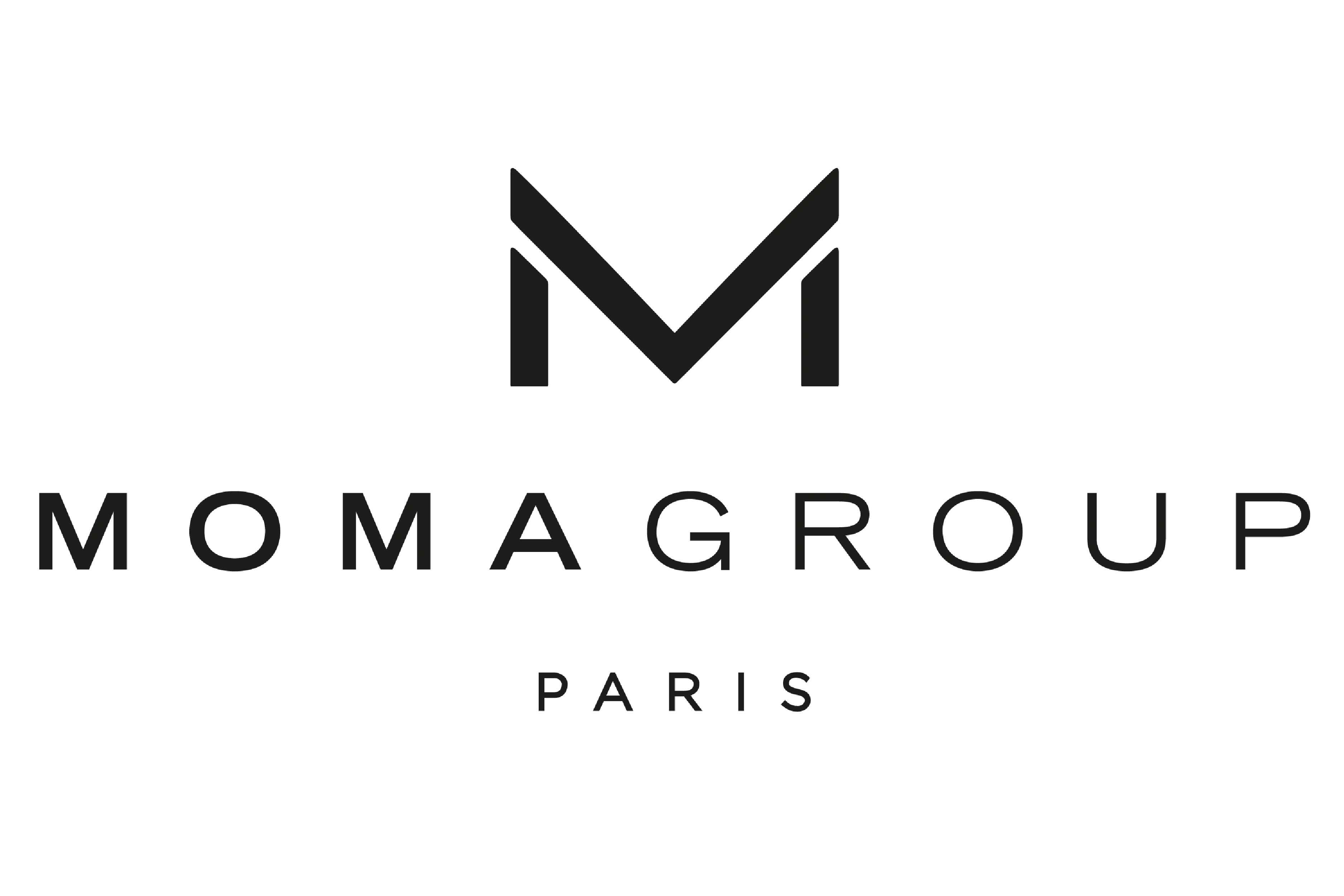 Logo featuring a large stylized "M" at the top, the words "MOMA GROUP" in uppercase letters below, and "PARIS" in smaller letters at the bottom. The black-on-white design evokes the elegance of a luxury real estate agency.