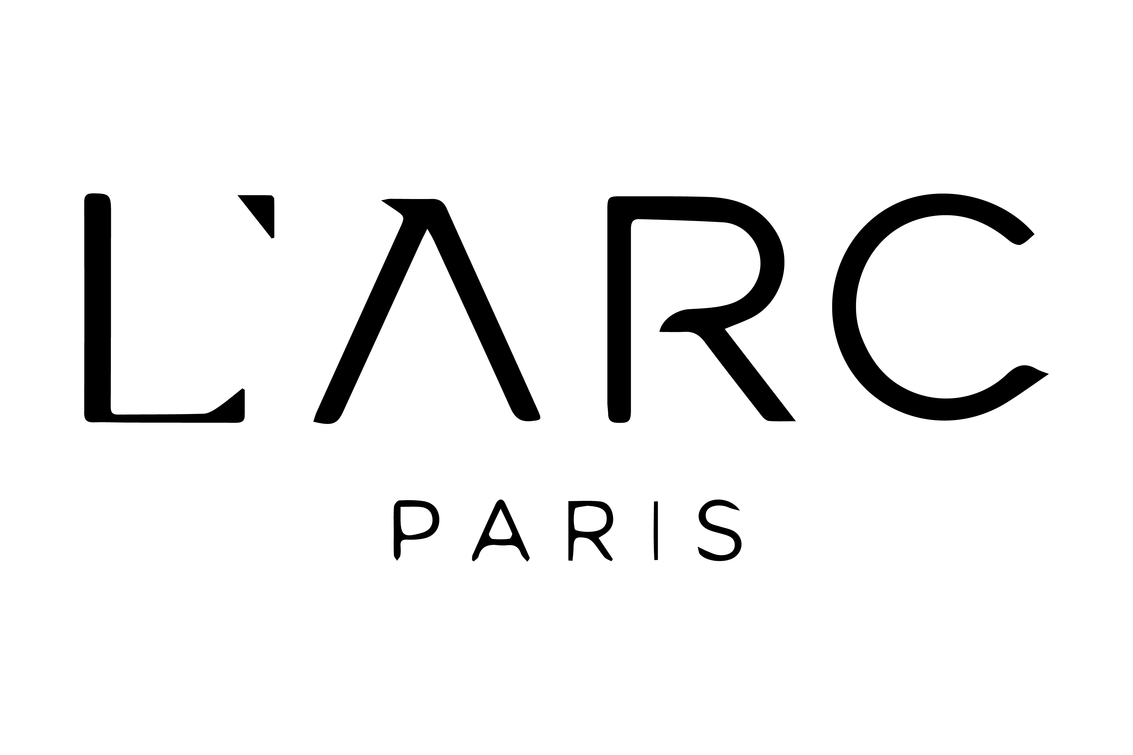 The black text on a white background reads "L'ARC PARIS" in a modern, minimalist font, with "L'ARC" in large letters above the word "PARIS" in smaller letters, evoking the refined elegance of a luxury real estate agency.