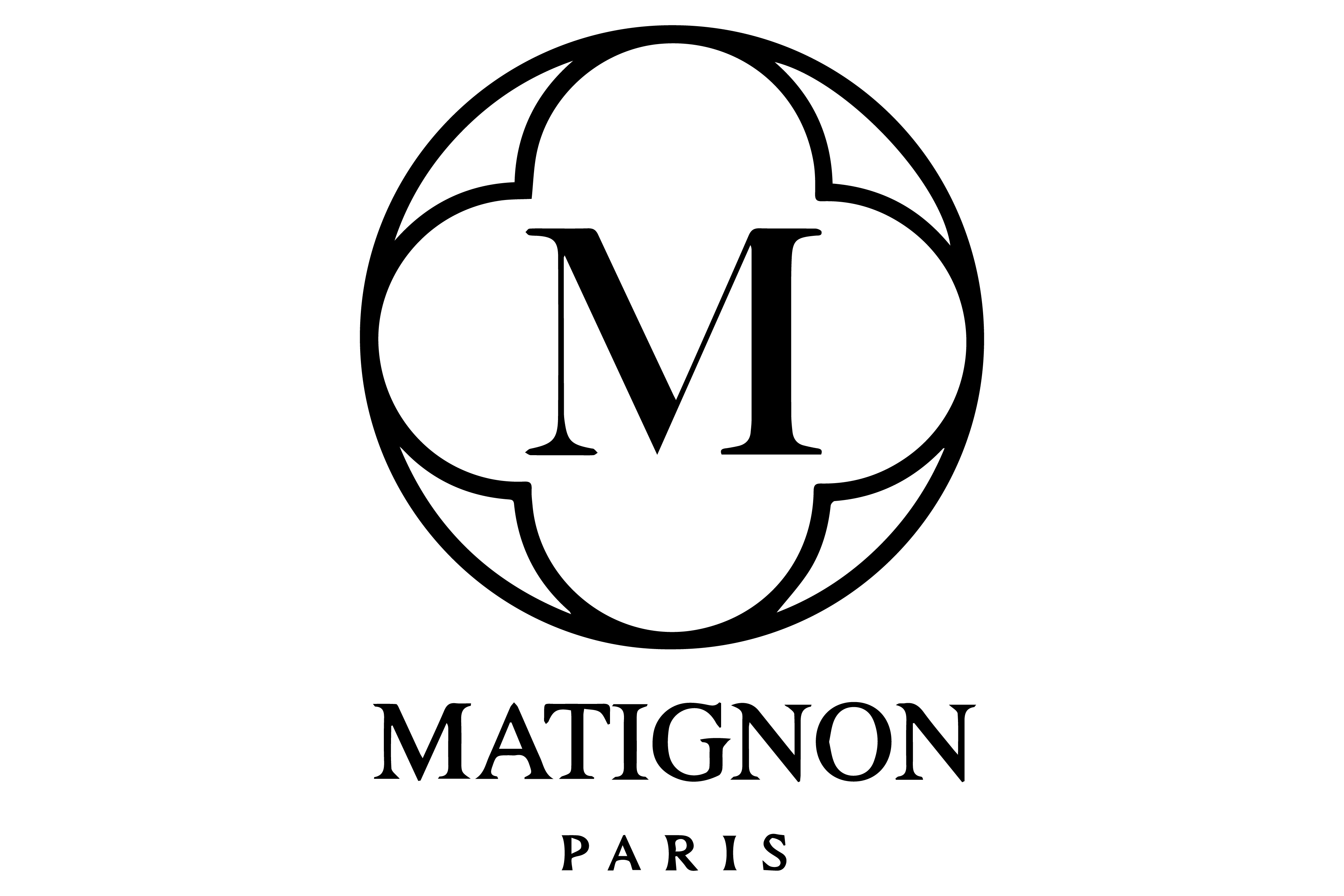 A black logo featuring a large letter M inside an ornate circular border. Below it, "MATIGNON" appears in uppercase letters and "PARIS" in small caps—an elegant emblem for a luxury real estate agency set against a light background.