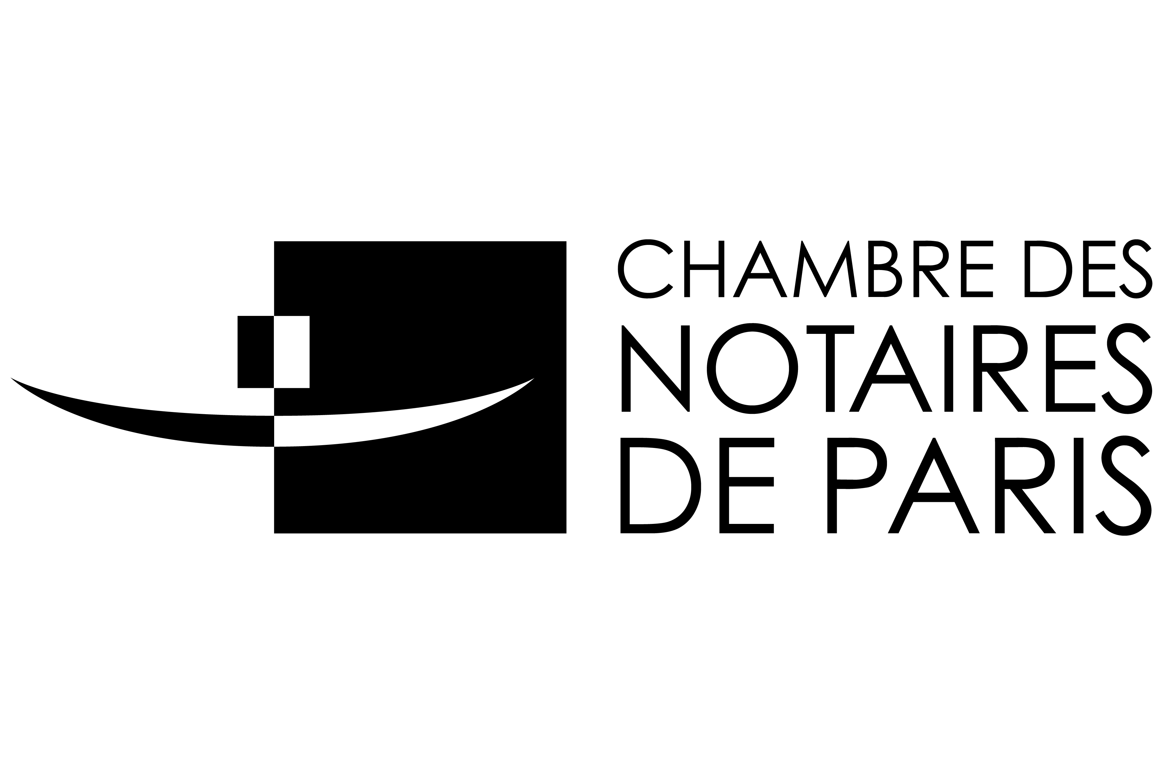 Logo of the Paris Chamber of Notaries featuring a black square with abstract geometric shapes and a curved line, along with the organization’s name in bold, modern text—trusted experts for your apartment sales needs in Paris.