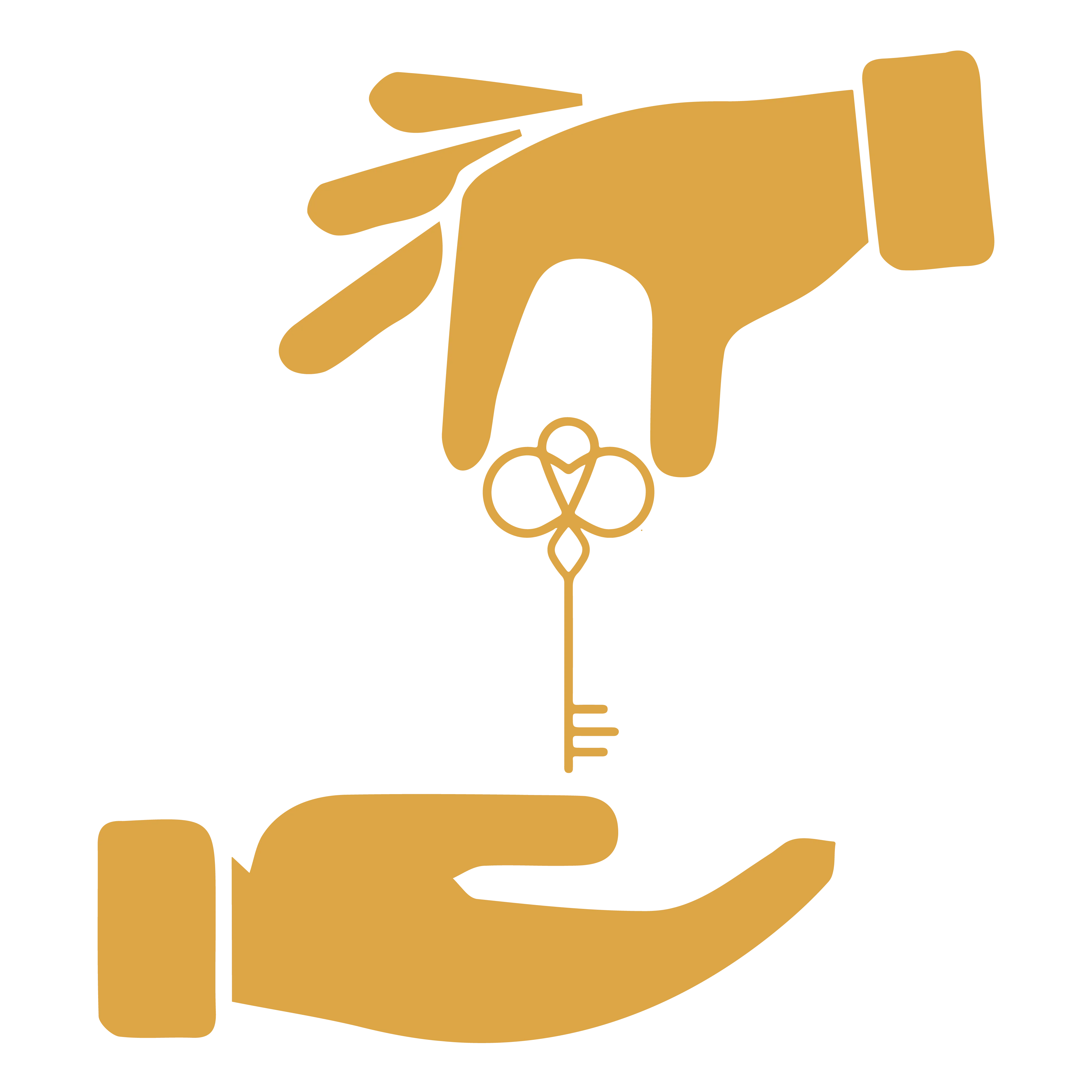 One hand hands an ornate key to another open hand; both hands and the key are depicted in gold on a white background, symbolizing the transfer of fees to Open Up Paris.
