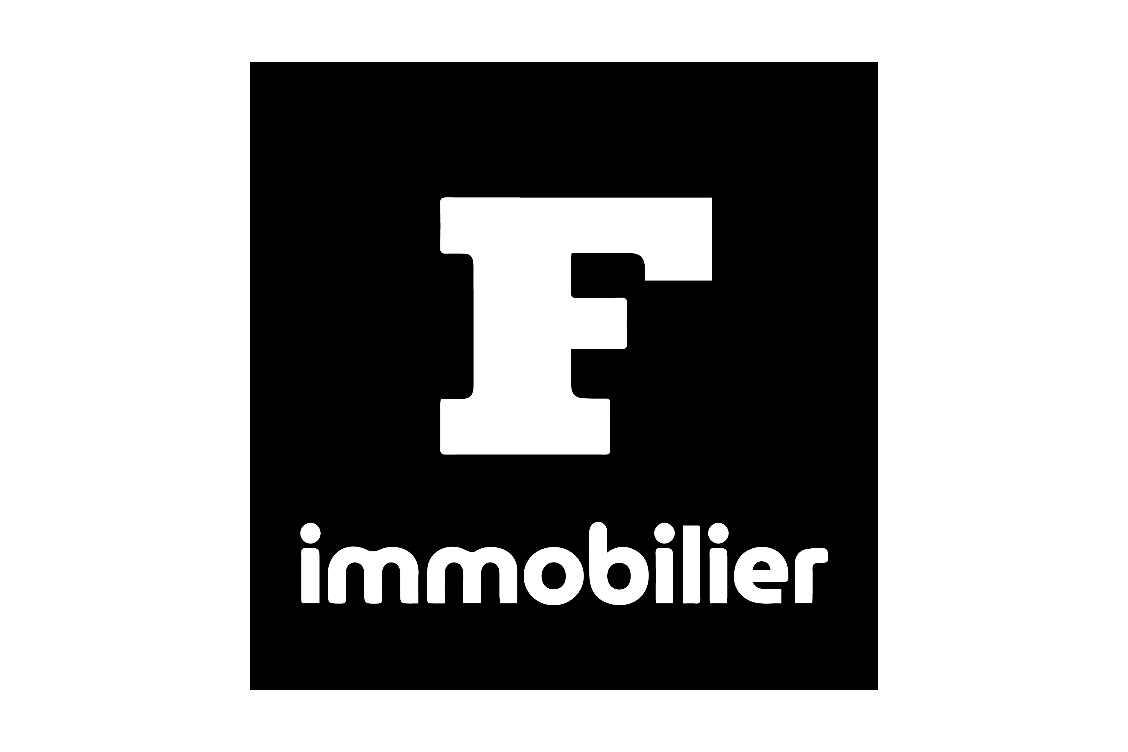 The bold, white capital letter "F" above the word "immobilier" in white lowercase letters, set against a black square background, conveys confidence and sophistication—making it perfect for apartment sales campaigns in Paris.