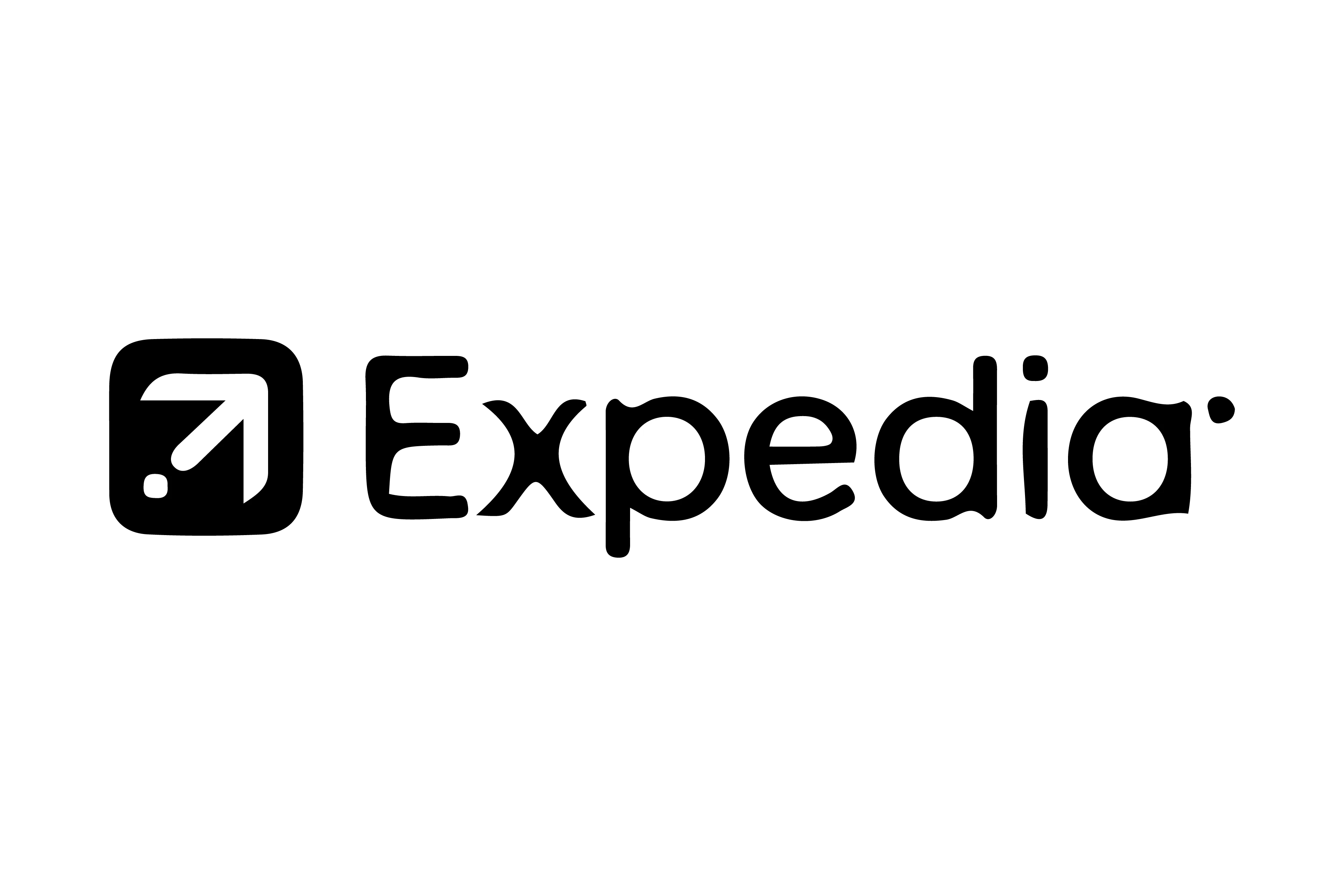 A black Expedia logo featuring a rounded square icon with an upward-and-to-the-right arrow on the left, followed by "Expedia" in bold, smooth lowercase letters—reminiscent of the elegant real estate signs in Paris—on a white background.