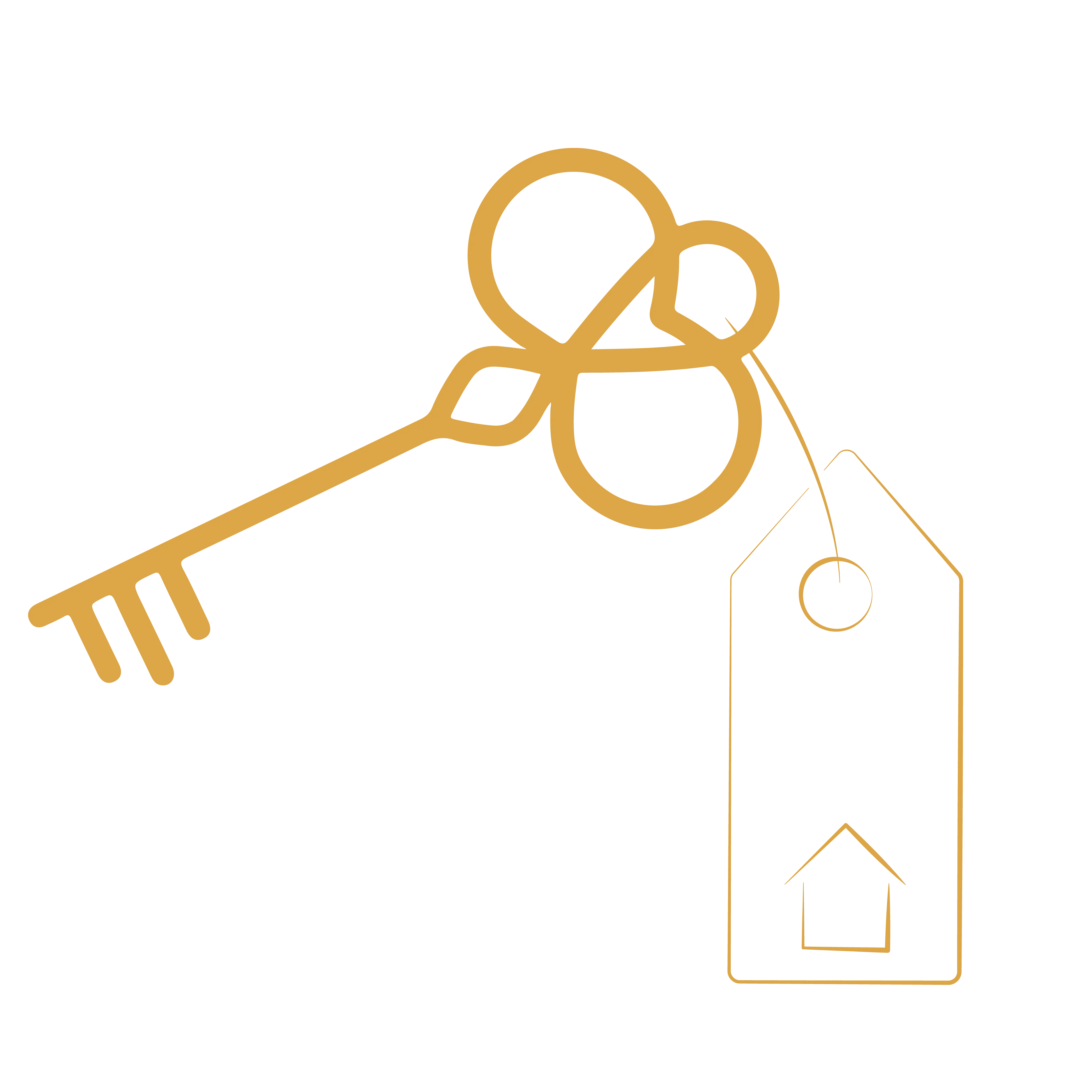 A simple gold key with a clover-shaped knot is attached to a house-shaped keychain by a loop, evoking the prestige of the property and the sophistication of a luxury real estate agency.