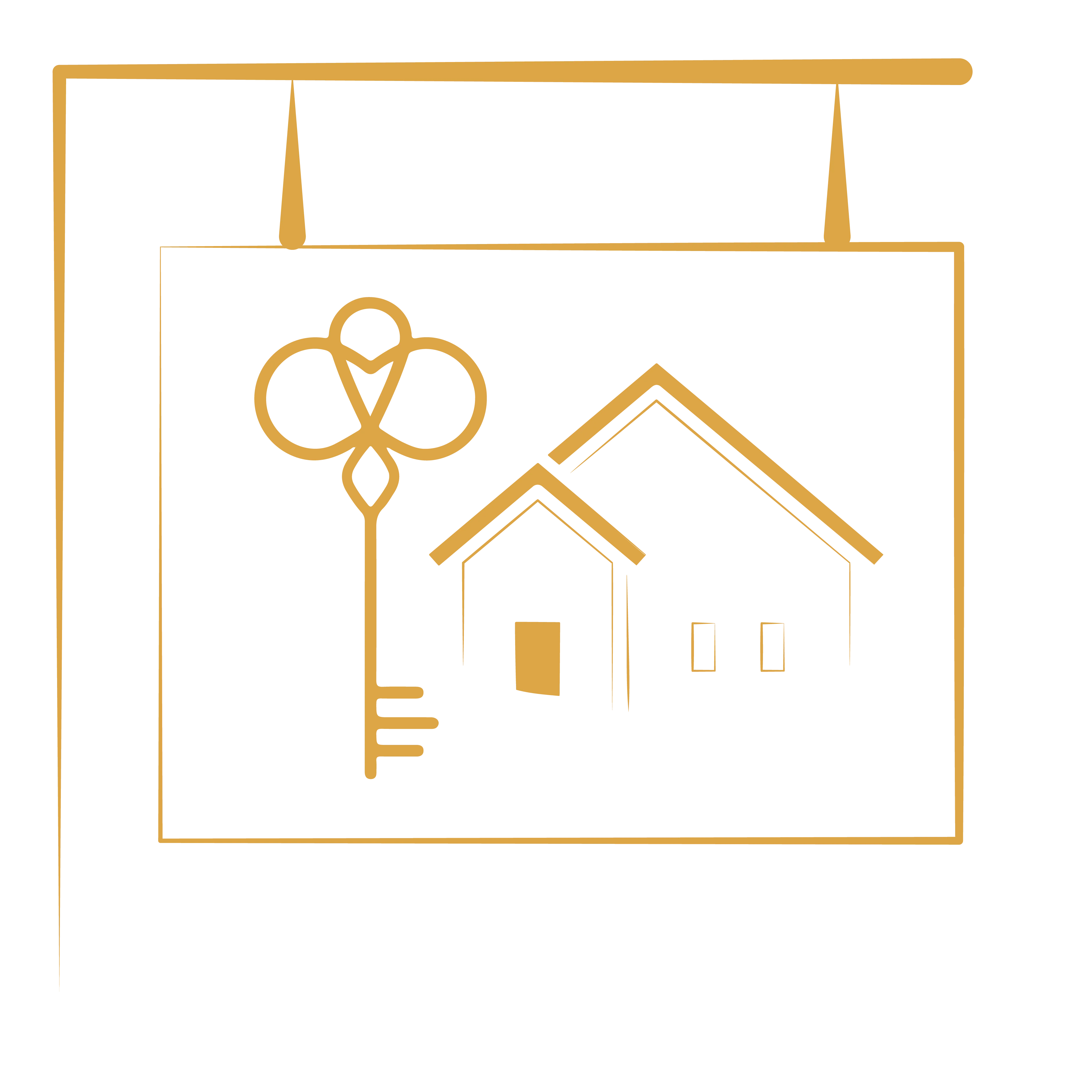 A gold illustration of a key and two houses on a hanging sign, symbolizing a luxury real estate agency or property management firm, on a white background.
